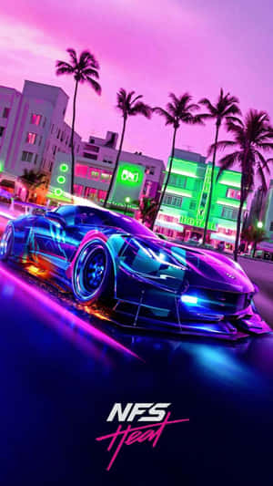 霓虹跑車在夜間穿過發光的邁阿密城市景觀。 — 電玩遊戲 GIF 壁紙