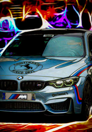 風格化的銀色BMW M車，帶有霓虹火焰效果和抽象背景。 — IQOO Pad 壁紙