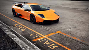 橙色藍寶堅尼 Murciélago 停放在有標記的瀝青賽道上。 — 蘭博基尼 壁紙