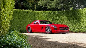 紅色 Mercedes SLS AMG 停泊在碎石上，旁邊是綠色籬笆。 — Mercedes Benz C300 壁紙