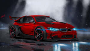 紅色BMW賽車在夜雨中行駛，帶有藍色燈光。 — 豪華車 壁紙