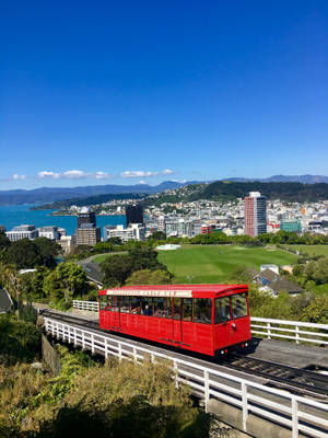 紅色纜車在高架軌道上，城市與海洋景觀 — 火車 壁紙