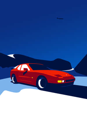 暮色中積雪山路上的紅色跑車與飛機。 — Kindle 壁紙