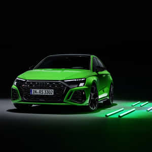 一輛綠色的Audi RS3 Sportback被攝影棚燈光照亮，地板上有發光綠色管。 — iPad Pro 13 壁紙