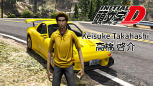 來自《頭文字D》動畫的黃色跑車和駕駛員在山路上。 — 頭文字D 壁紙