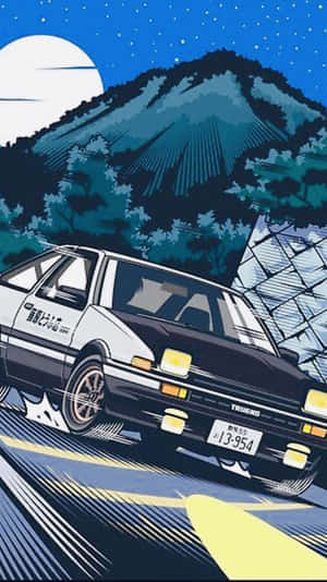 黑白AE86在滿月下、富士山背景的夜晚飄移。 — 月光 壁紙