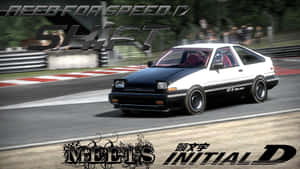 黑白AE86賽車在賽道上飄移，帶有Initial D標誌。 — 頭文字D 壁紙