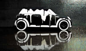 黑白汽車，油漆滴落在濕漉漉的路面上，背景是像素化牆壁。 — 洗車 壁紙