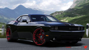 黑色Dodge Challenger配紅色輪圈在山路上。 — 紅牛F1 壁紙