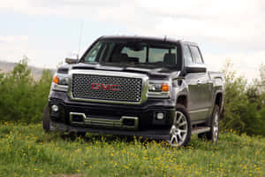 黑色GMC Sierra皮卡車停放在一片綠草和黃色野花的田野中。 — Gmc 壁紙