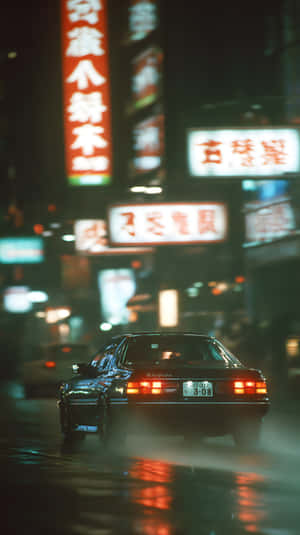黑色汽車在雨夜的城市街道上行駛，發光的霓虹招牌倒映在水坑中 — 城市 壁紙