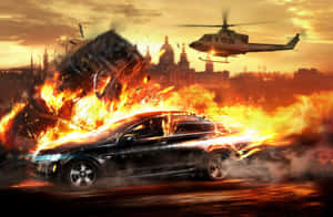 黑色汽車在熾熱爆炸中疾馳，直升機在上方盤旋。 — 火之翼 壁紙