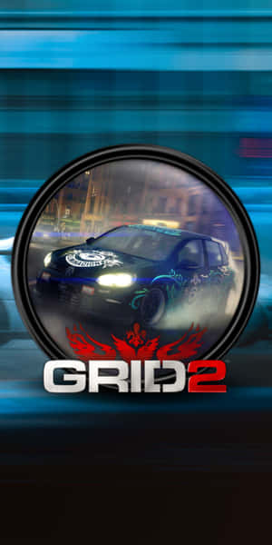 黑色賽車在夜間穿過城市，透過圓形鏡片觀看，帶有GRID 2標誌。 — Pixel 3 壁紙