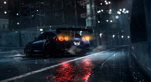 黑色跑車在夜間濕滑的城市街道上漂移，帶有發光的尾燈和雨滴。 — 動漫汽車 壁紙