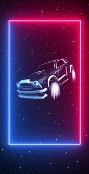黑色跑車配備發光車輪，在螢光粉紅框內的星空中疾馳。 — 4K 火箭聯盟 壁紙