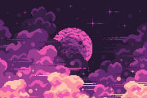像素藝術：一輪發光的月亮在星空下穿過彩色雲層升起。 — 美學粉色GIF 壁紙