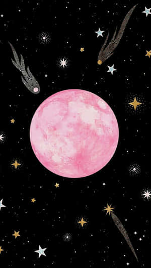 粉紅月亮被星星和流星環繞在宇宙夜空中。 — 高畫質月亮 壁紙