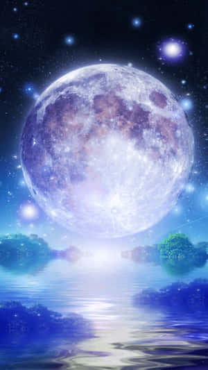 在星空下，一輪巨大的月亮照耀著平靜的湖泊。 — 月夜星空 壁紙