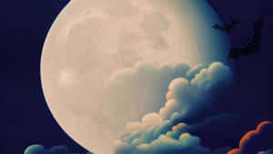 一隻蝙蝠在夜間飛近透過彩色雲層閃耀的滿月。 — 月夜星空 壁紙