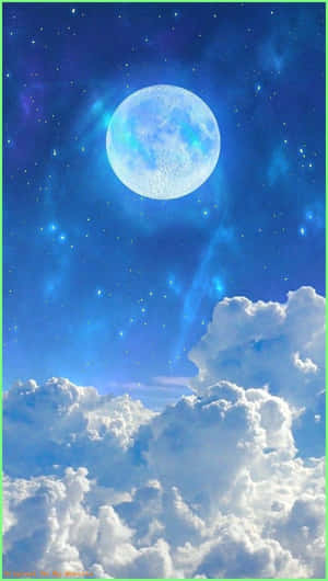 明亮的月亮在蓬鬆的白雲之上，星空藍天 — 藍色銀河 壁紙