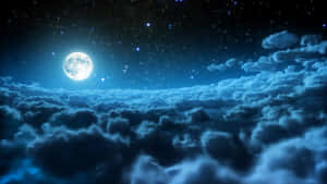 滿月在藍色雲海上空閃耀，星空點綴夜空。 — 夜空 壁紙