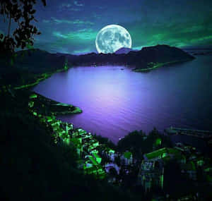 紫色海灣上空巨大月亮下，閃爍著綠色光芒的沿海小鎮。 — 夜空 壁紙