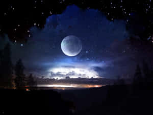 滿月高掛在繁星點點的夜空，有松樹和發光的地平線 — 月亮與星星 壁紙