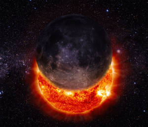 月亮遮蔽太陽，帶有太陽耀斑，在星空宇宙中 — 美麗的滿月 壁紙