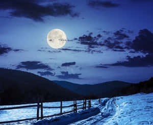 冬季夜景中，滿月下帶有木柵欄的積雪鄉間小路。 — 高畫質月亮 壁紙