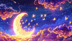 一彎新月，蝴蝶在繁星點點的夜空中於彩色雲朵間飛舞。 — 夢幻 GIF 壁紙
