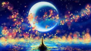水面上發光的月亮，伴有漂浮的燈籠和星光倒影。 — 最佳筆電 壁紙