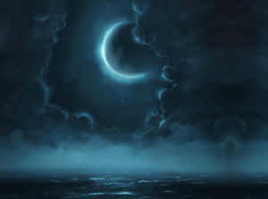 夜晚彎月映照黑暗暴風雨海洋，發光雲朵與星星 — 月光 壁紙