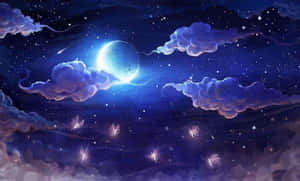 發光的螢火蟲在明亮的月亮下穿過紫色雲層，在繁星點點的夜空中飛翔。 — 月光 壁紙