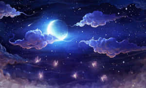 發光的仙女在明亮的月亮下，穿過佈滿星星的紫色雲層在夜晚飛翔。 — 月光 壁紙