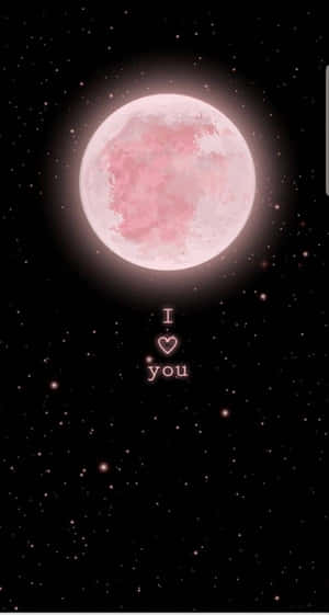 粉紅色月亮配上 I heart you 文字，背景為星空夜空 — 愛情語錄 GIF 壁紙
