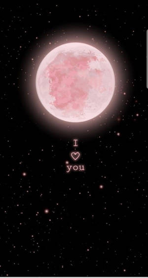 粉紅色月亮配上 I heart 你 文字，背景為繁星點點的夜空 — 月光 壁紙