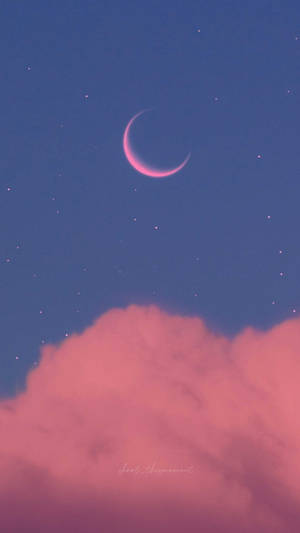 星空夜空中粉紅色雲朵上的粉紅色新月 — 高畫質月亮 壁紙