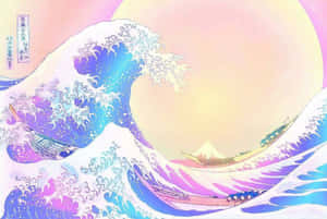 一個巨大的太陽下，帶有小船和富士山的風格化波浪。 — 日式海浪 壁紙