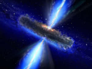 一個黑洞在繁星點點的宇宙背景下發出藍色噴流。 — 宇宙 壁紙