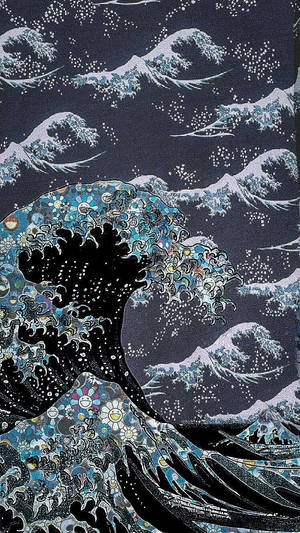 一道帶有花卉設計的大浪在星空下翻湧。 — 黑川伊佐那 壁紙