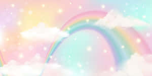 在粉彩天空中，一道溫柔的彩虹伴隨著星星和雲朵。 — 粉彩彩虹 壁紙
