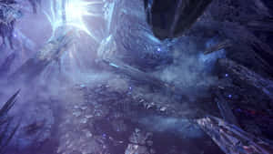 未來水晶廢墟，帶有發光藍光和霧氣 — 魔物獵人 壁紙