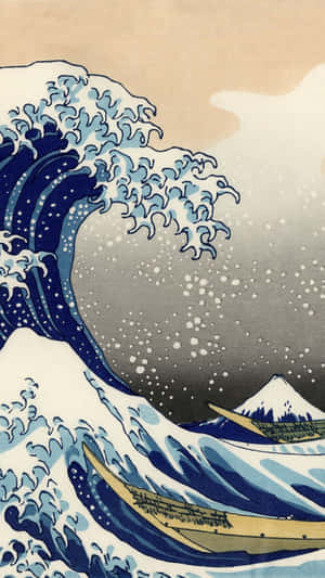 一道巨大的藍色巨浪沖向小船，背景是富士山。 — 日本 壁紙