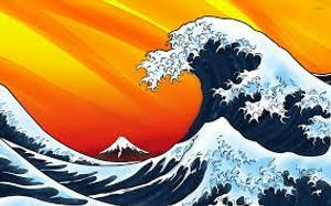 在熾熱的橙色日落之下，一道巨浪衝擊，遠處有雪山。 — 展望 壁紙