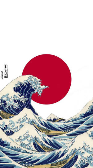 一幅日本木版畫中，紅色太陽下帶有船隻的巨大藍色波浪。 — 日本 壁紙
