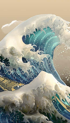 一道巨大的藍色波浪帶著白色泡沫衝向一艘小船。 — 日式海浪 壁紙