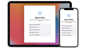 兩部 Apple 裝置在其螢幕上顯示應用程式數據傳輸選項。 — 1600x900 壁紙