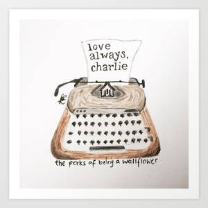 復古打字機的水彩插圖，紙上寫著「love always, charlie」，下方文字為「the perks of being a wallflower」。 — 壁花男孩的青春 壁紙