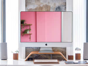 現代電腦桌，配有iMac、木製支架和窗邊的盆栽植物。 — 背景 壁紙