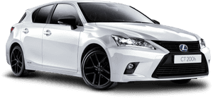 白色Lexus CT 200h混合動力車，黑色輪圈，黑色背景